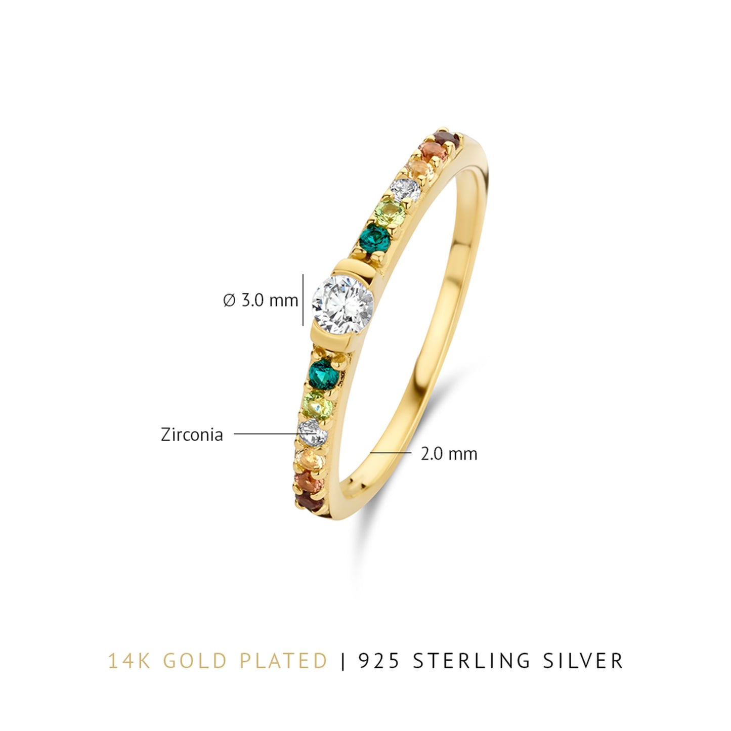 Santa Maria del Fiore 925 sterling zilveren gold plated ring met gekleurde zirkonia steentjes