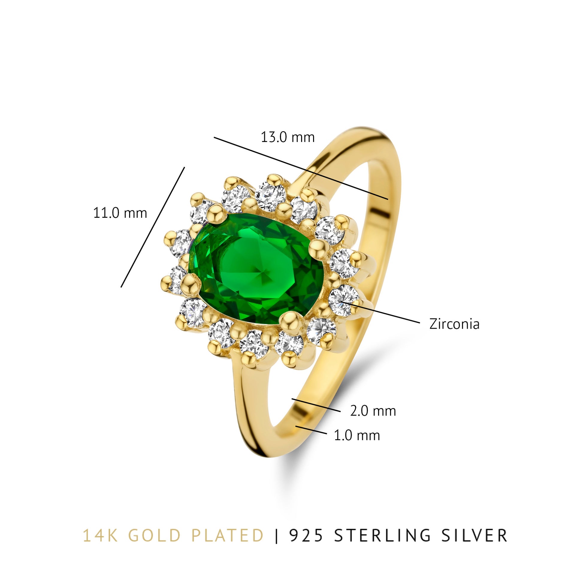 Mia Colore Verdi 925 sterling silver gold plated ring with green zirconia stone - Parte di Me