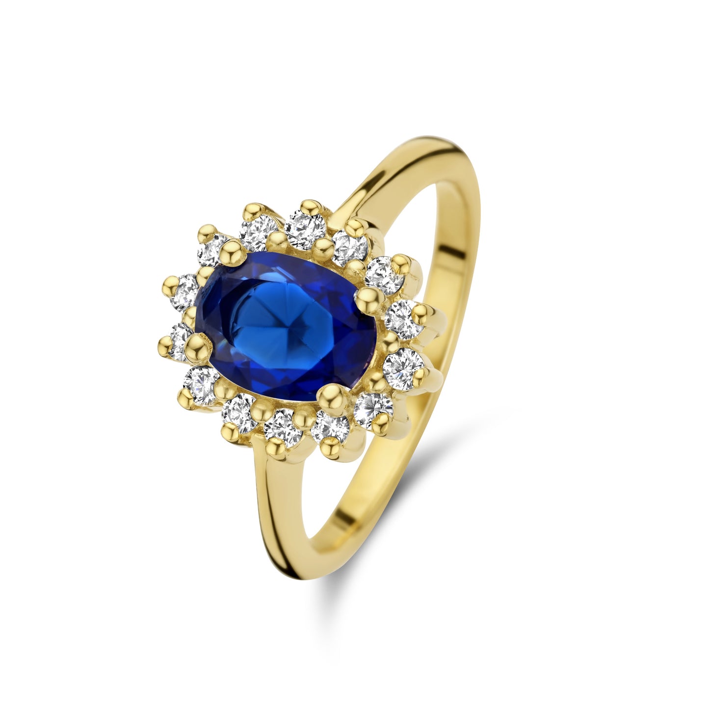 Mia Colore Azure anello in argento sterling 925 placcato oro con pietra zircone blu