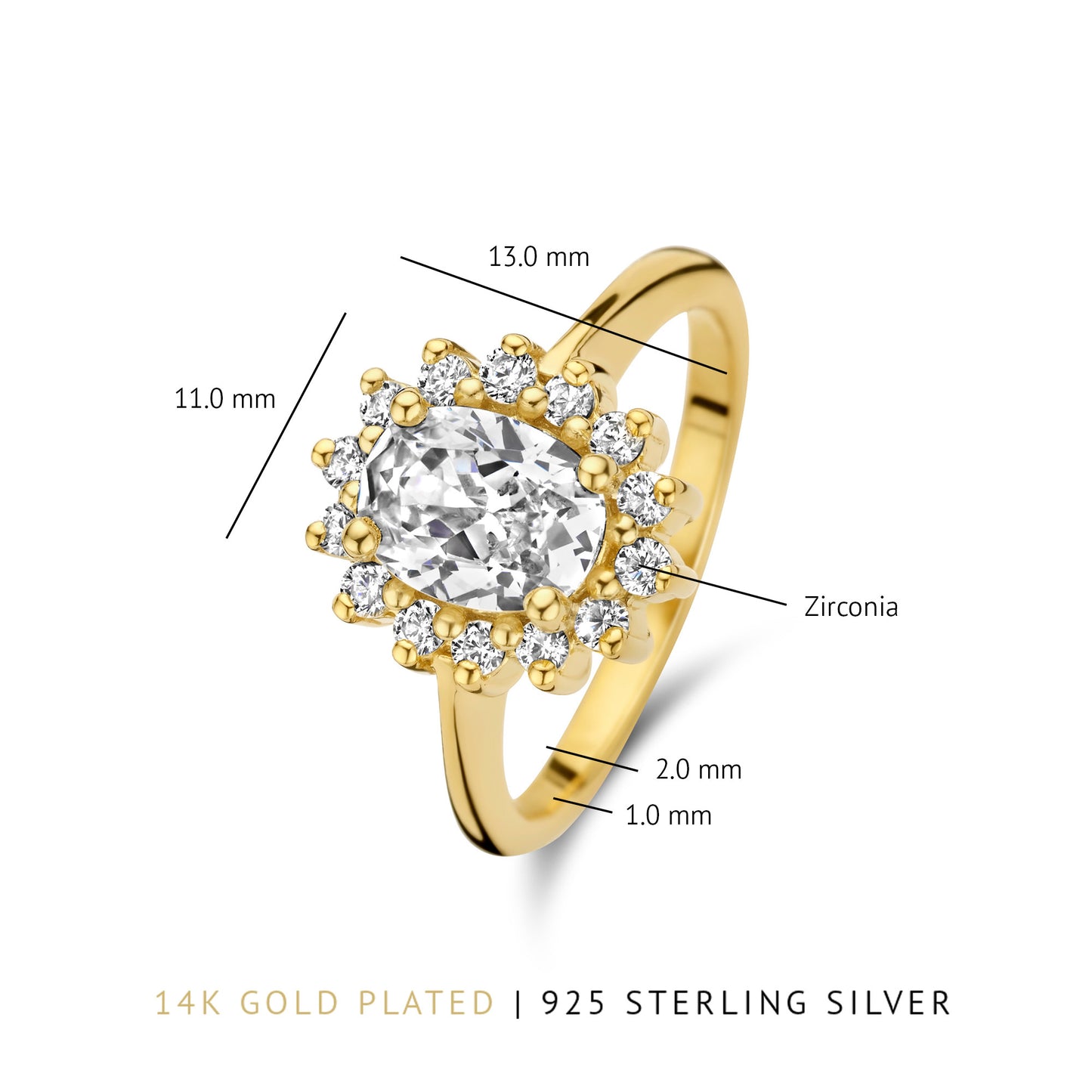 Mia Colore Bianca 925 sterling sølv guldbelagte ring med zirconia sten
