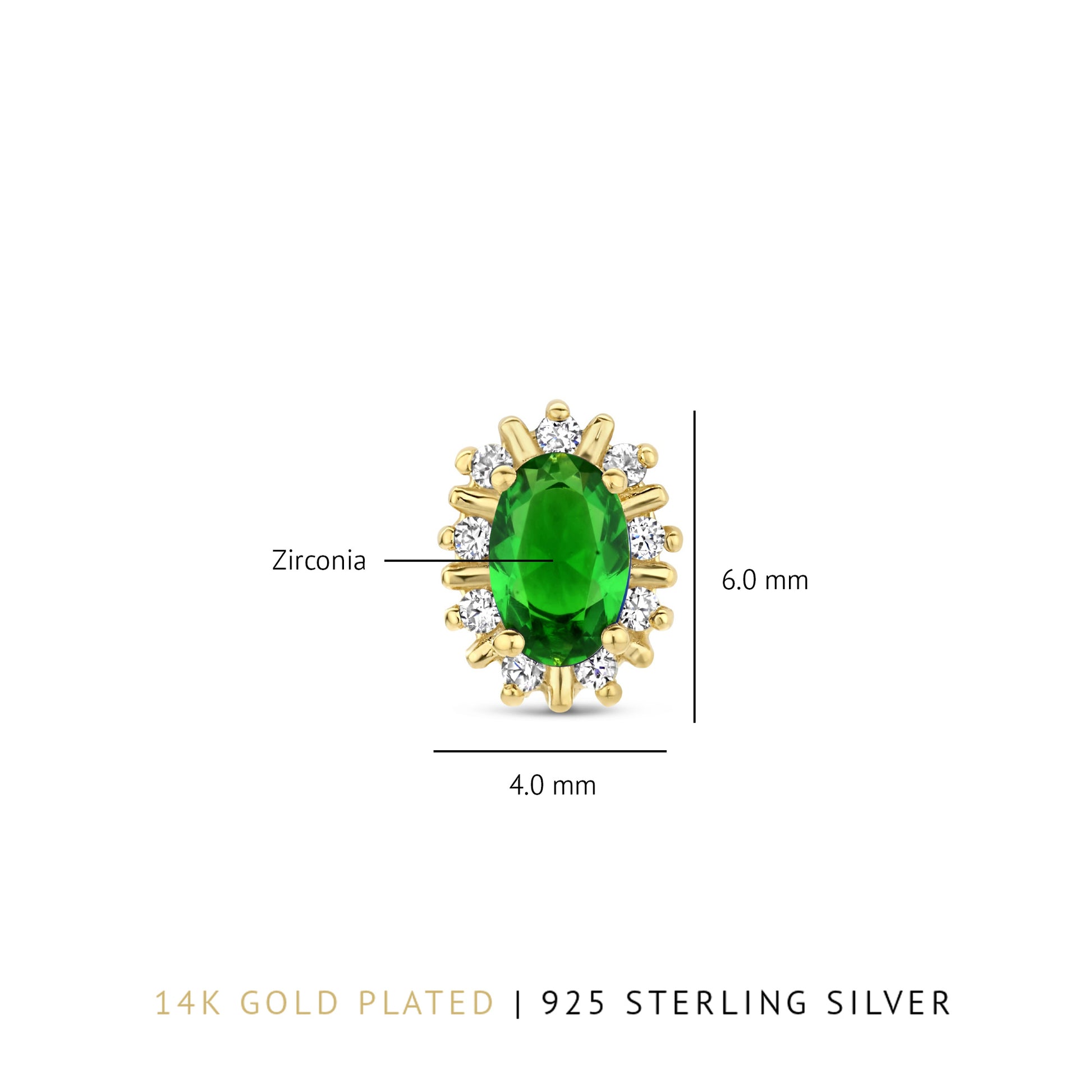 Mia Colore Verdi 925 sterling silver gold plated ear studs with green zirconia stone - Parte di Me