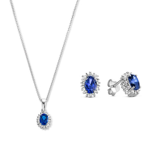 Sorprendimi 925 sterling silver necklace and ear studs gift set with blue zirconia stone