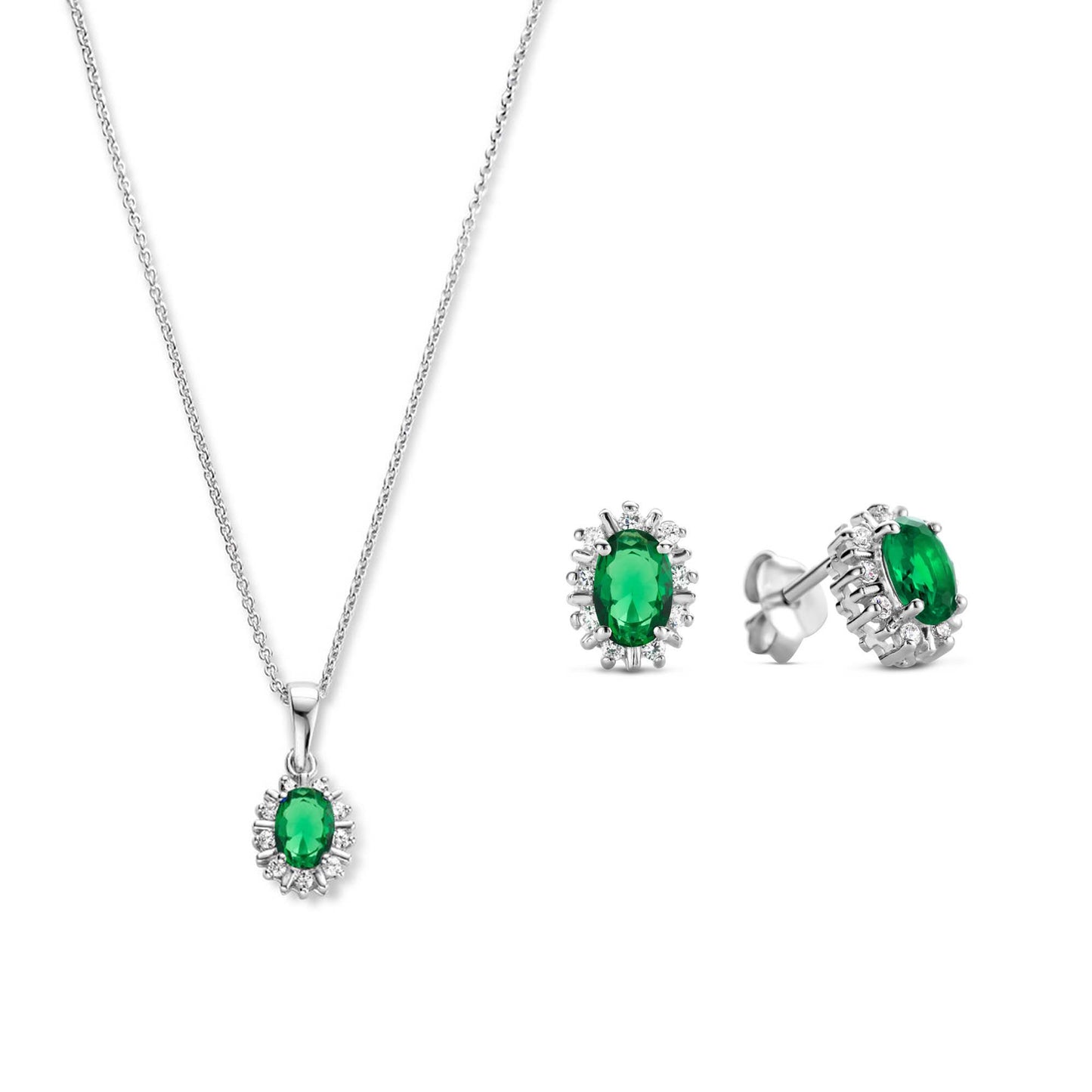 Sorprendimi 925 sterling silver necklace and ear studs gift set with green zirconia stones - Parte di Me